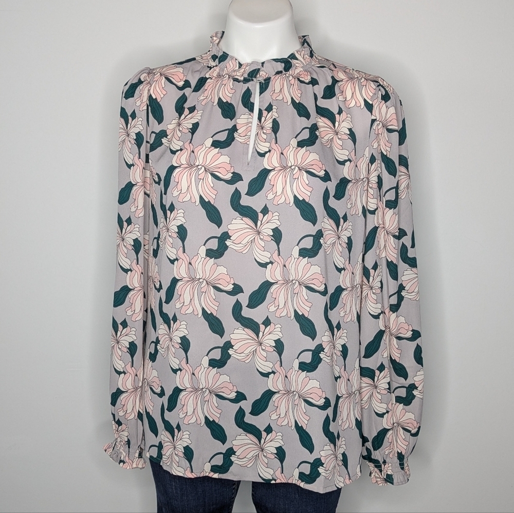 Ann Taylor Factory Pink Purple Floral Ruffle Neck Long Sleeve Blouse M